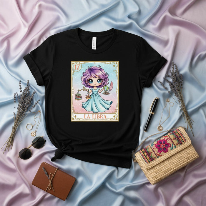 La playera de La Libra signo zodiacal Carta de Lotería Anime Chibi Chica Libra camiseta gráfica regalo de cumpleaños balanza astrológica camisa unisex
