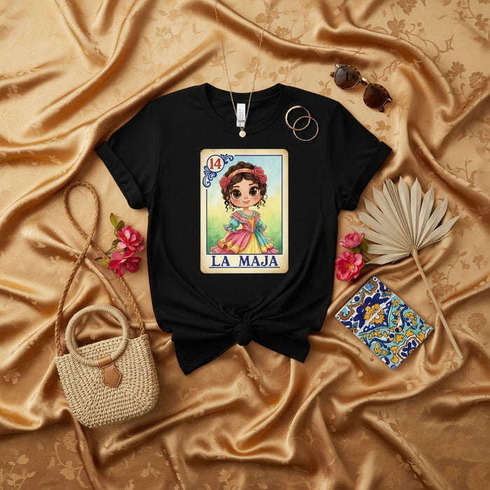 LA MAJA Mexican Loteria Card Graphic T-Shirt | Number 14 Cute Chibi Art | Fiesta Party Gift | Traditional Spanish Game Unisex Tee for Women and Men
