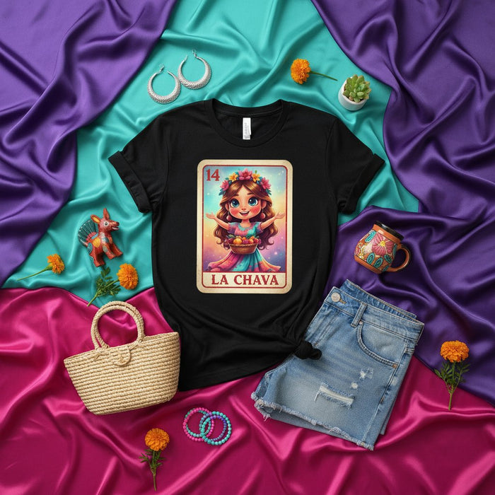 LA CHAVA Mexican Loteria Card Graphic T-Shirt Unisex Adorable Girl with Fruit Basket Cinco de Mayo Fiesta Tee Gift Idea  LA CHAVA Loteria Card 14 Graphic T-Shirt for Women Cute Mexican Bingo Inspired Design Boho Festival Wear Vacation Souvenir Top