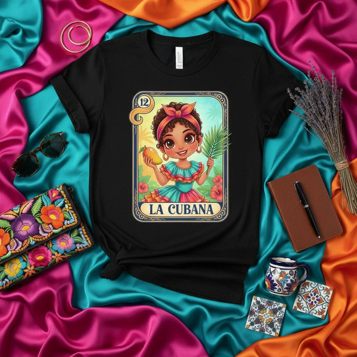 La Cubana Cute Cuban Girl Mango Palm Lotería Card Art Black Unisex T-Shirt