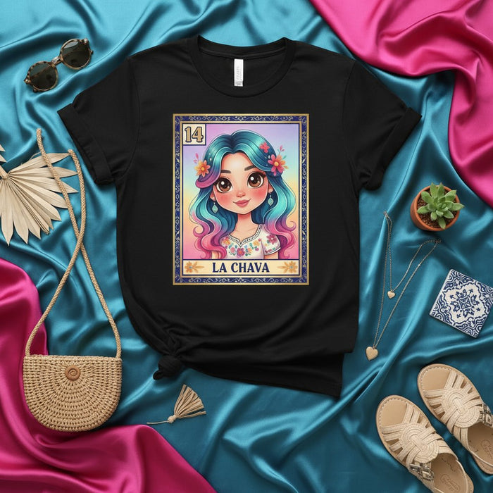 LA CHAVA Loteria Card T-Shirt, Mexican Bingo Game Tee, Cute Girl Art Graphic Shirt, Number 14 La Dama Style Gift, Unisex Fashion Apparel