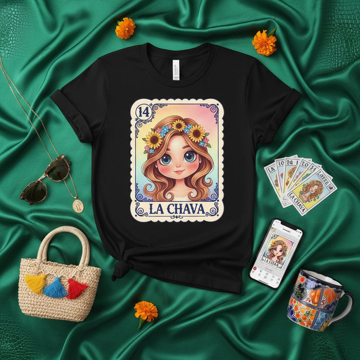 La Chava Loteria Card T-Shirt, Cute Cartoon Girl with Sunflower Crown, Mexican Bingo Game Art, Unisex Graphic Tee Shirt Gift Idea