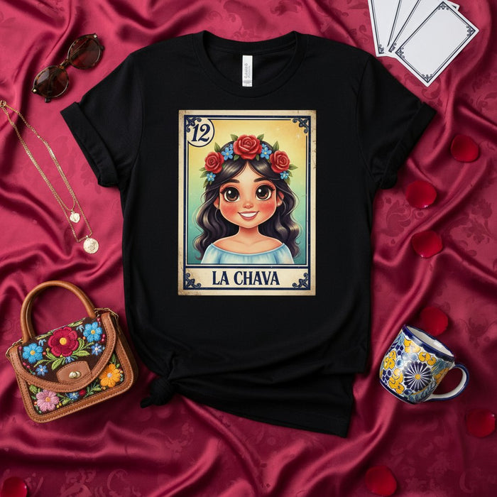 LA CHAVA Mexican Loteria Card Graphic T-Shirt | La Chava with Flower Crown | Traditional Game Art Print | Cute Latina Girl Tee | Unisex Gift Idea
