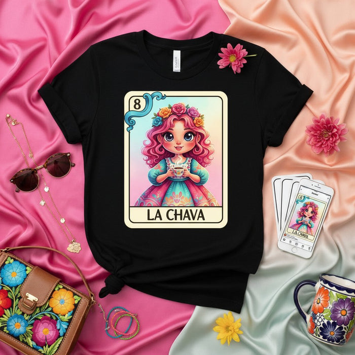 LA CHAVA Cute Pastel Pink-Haired Girl Loteria Card Number 8 T-Shirt Mexican Bingo Game Unisex Graphic Tee Gift for Her