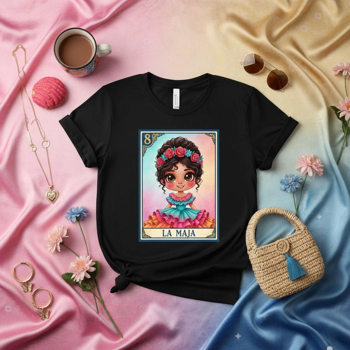 LA MAJA Cute Mexican La Lotería Card 8 T-Shirt, Boho Floral Crown Girl Graphic Tee, Traditional Game Inspired Art Print Shirt, Unisex Gift Idea