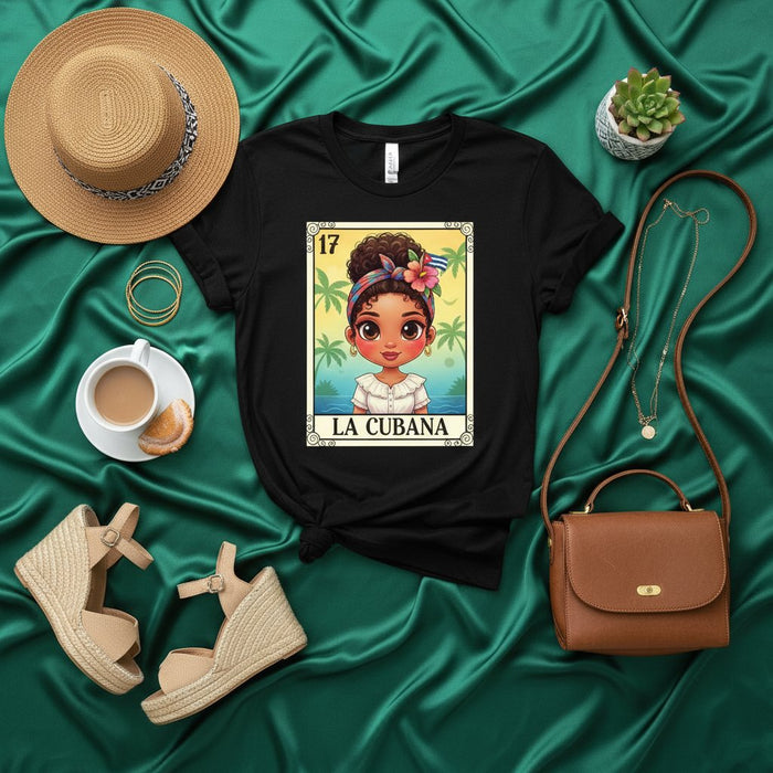 LA CUBANA Loteria Card T-Shirt: Cuban Girl Cartoon Art Print, Number 17, Beach Background, Floral Headband, Unisex Graphic Tee Gift for Cuban Pride and Culture Fans