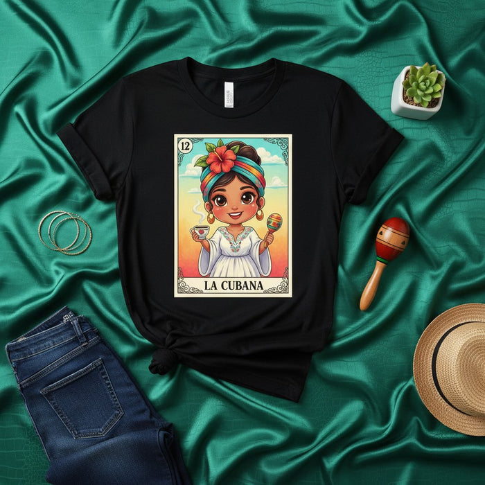 La Cubana Camiseta, Mujer Cubana Linda con Café Maraca Diseño de Carta Lotería, Día de Muertos, Cinco de Mayo, Regalo Gracioso Latina, Camisa Gráfica Unisex
