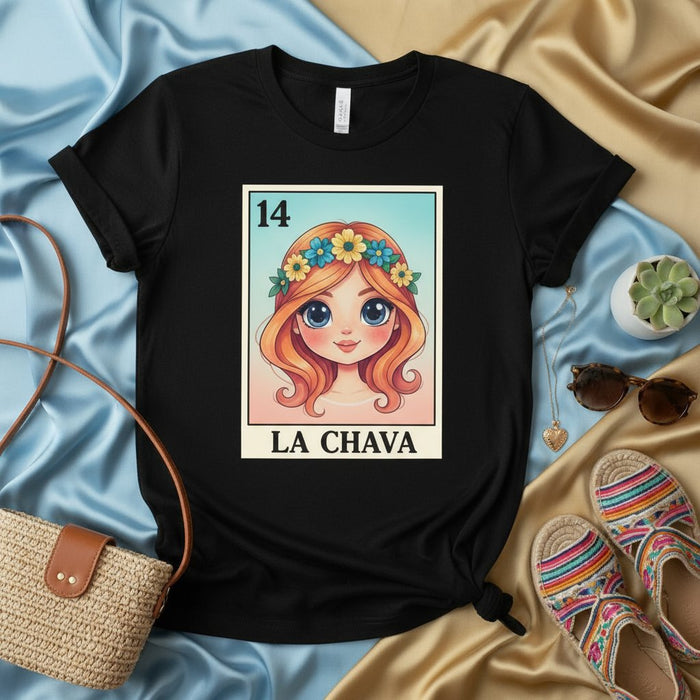 LA CHAVA Loteria Card Style T-Shirt, Cute Redhead Girl with Flower Crown Graphic Tee, Funny Mexican Bingo Game Inspired Unisex Shirt, Traditional Latin Culture Gift Idea