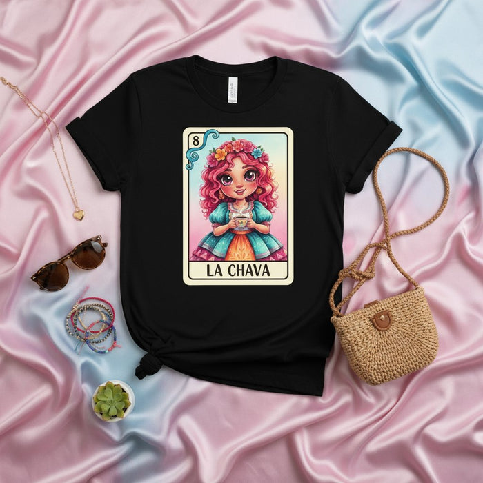 LA CHAVA Loteria Card T-Shirt, Cute Girl Number 8 Mexican Bingo Game Design, Unisex Graphic Tee, Latina Gift Idea for Women and Teens
