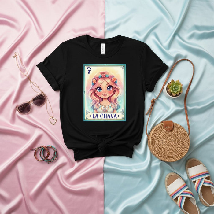 LA CHAVA Loteria Card Number 7 T-Shirt Cute Cartoon Girl Pink Hair Flower Crown Mexican Bingo Game Apparel Tee Unisex