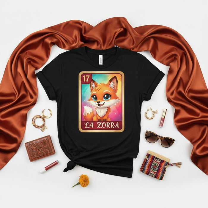 LA ZORRA Cute Fox Loteria Card Number 17 Unisex Graphic T-Shirt Mexican Bingo Game Fun Adult Tee Gift Idea