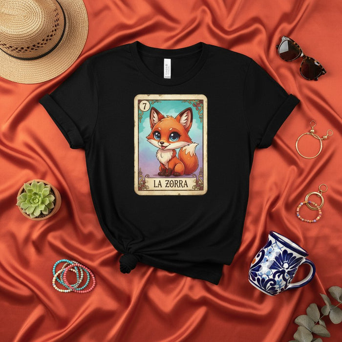 LA ZORRA Cute Kawaii Fox Loteria Card Number 7 Unisex T-Shirt - Mexican Bingo Game Design, Graphic Tee Gift for Animal Lovers, Unique Hispanic Culture Art Apparel