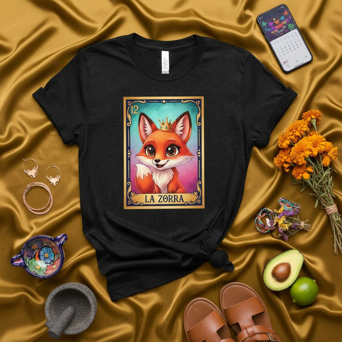LA ZORRA Cute Fox Loteria Card 12 Graphic T-Shirt | Funny Mexican Bingo Game Unisex Tee | Kawaii Vixen Shirt Gift Idea
