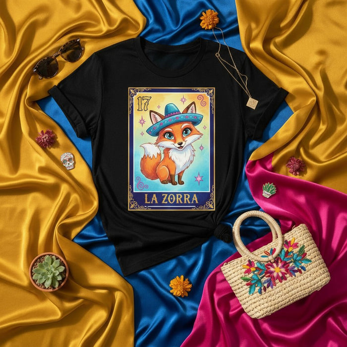 LA ZORRA Mexican Loteria Card Graphic Tee - Cute Fox Sombrero T-Shirt, Unisex Day of the Dead Inspired Apparel, Viva Mexico Culture Fashion Gift