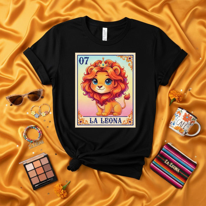 LA LEONA Loteria Card Cute Lion with Crown T-Shirt, Numero 07, Mexican Bingo Game Shirt, Unisex Graphic Tee, Aesthetic Rainbow Design Apparel Gift