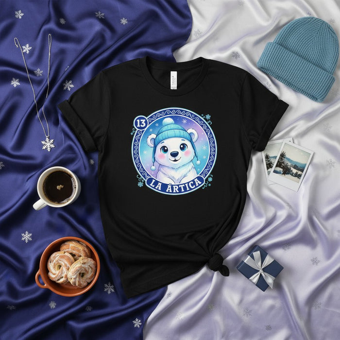 LA ÁRTICA Polar Bear Winter T-Shirt, Cute La Lotería Card 13, Christmas Arctic Animal Graphic Tee, Unisex Cold Weather Snowflake Design Shirt