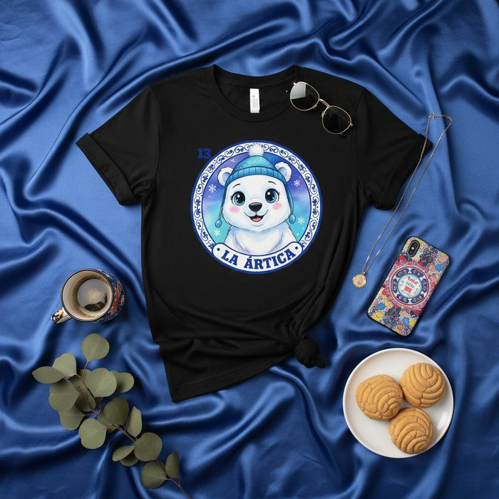 LA ÁRTICA Unisex T-Shirt - Cute Polar Bear Winter Snowflakes Design, Mexican Bingo Loteria Card Number 13, Unique Graphic Tee for Men and Women, Christmas Gift Idea
