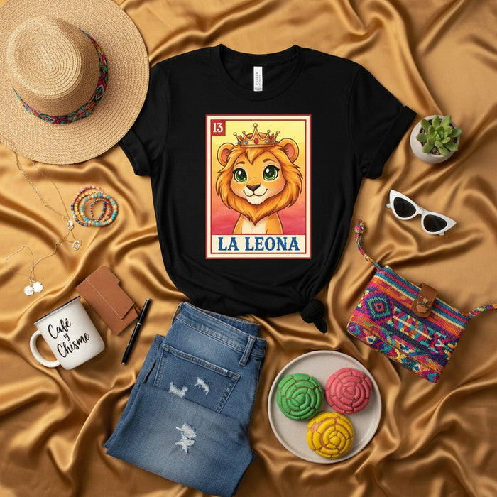 LA LEONA Cute Lion Queen Loteria Card T-Shirt, Unisex Funny Mexican Bingo Game Tee, Traditional Cultural Shirt Gift for Her or Him, Graphic Tee Number 13