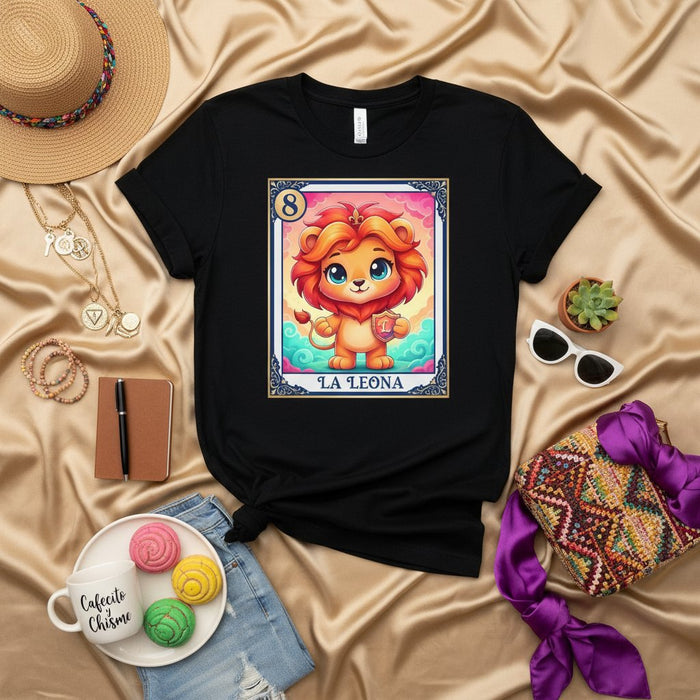 La Leona Cute Baby Lion Loteria Card T-Shirt, Mexican Bingo Game Art Tee, Kawaii Cartoon Leo Zodiac Animal Graphic Print Shirt, Unisex Apparel Gift