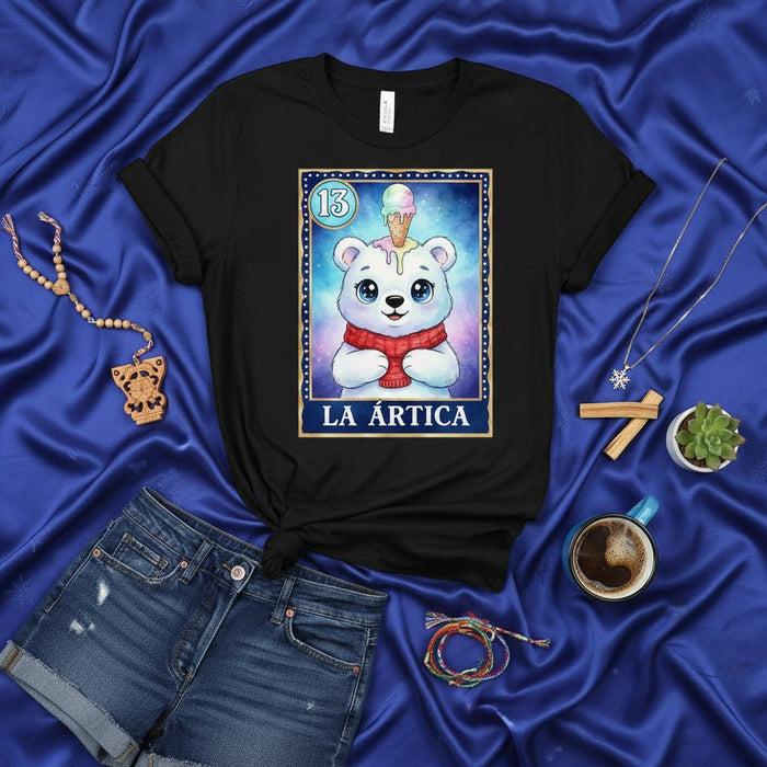 LA ÁRTICA Cute Polar Bear Ice Cream Loteria Card T-Shirt, Mexican Bingo Game Themed Graphic Tee, Number 13 Unisex Shirt for Ice Cream Lovers and Arctic Animal Fans