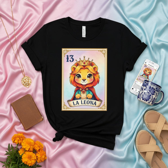 La Leona Cute Lioness Queen Lotería Card T-Shirt, Lucky 13 Tarot Style Mexican Game Shirt, Unisex Graphic Tee, Aesthetic Celestial Lion Zodiac Leo Gift
