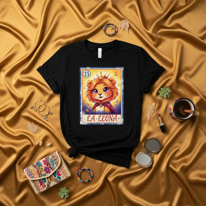 LA LEONA Cute Lion Queen Loteria Card T-Shirt, Unisex Graphic Tee, Mexican Bingo Inspired Design, Number 13, Gold Background, Fun Gift Idea