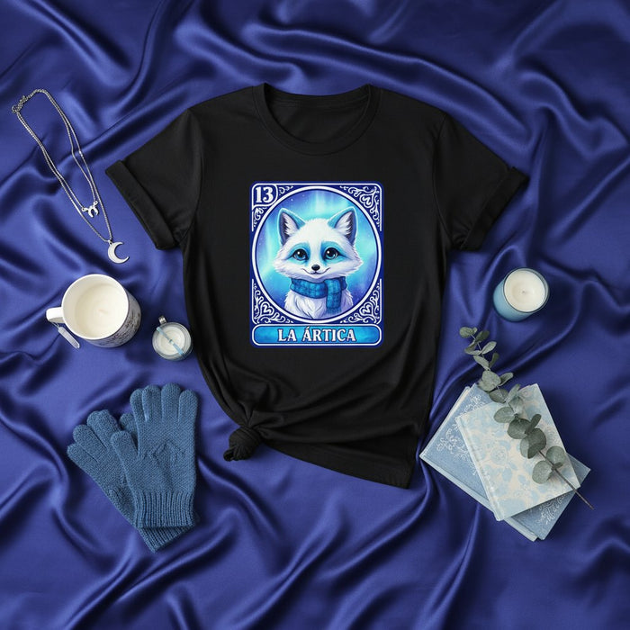 LA ÁRTICA Loteria Card T-Shirt, Arctic Fox Design, Cute Anime Style Kawaii Tee, Mexican Bingo Game Art, Celestial Moon Jewelry, Winter Blue Aesthetic, Unisex Black Graphic Shirt, Card Number 13, Unique Gift Idea