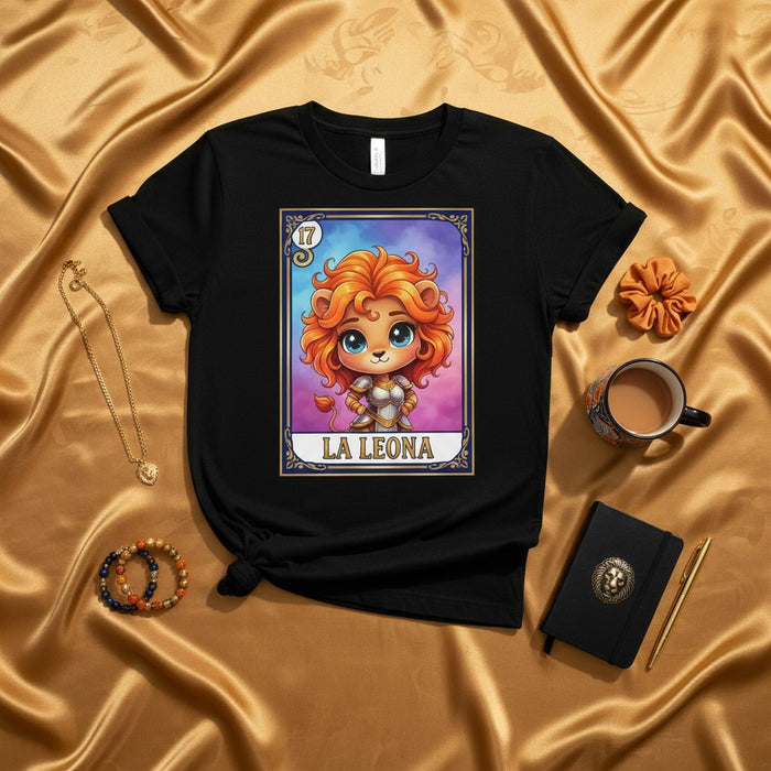 LA LEONA Loteria Card T-Shirt, Cute Cartoon Lion Girl Graphic Tee, Number 17 The Lioness Zodiac Sign Shirt, Unisex Mystical Fantasy Art Apparel