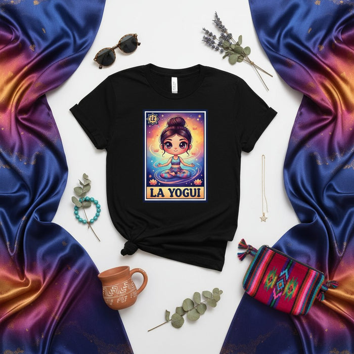 LA YOGUI Cute Chibi Yoga Pose Meditation Latina Lotería Card Graphic Print Unisex T-Shirt Gift for Her