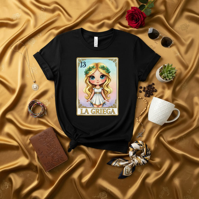LA GRIEGA Number 13 Lotería Card T-Shirt Cute Greek Goddess Design Mythology Graphic Tee Gift for Women and Girls, Bohemian Style, Greek Culture Inspired Unisex Shirt