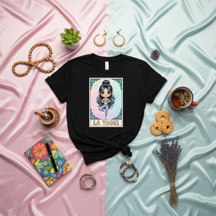 LA YOGUI Yoga Loteria Card T-Shirt, Cute Cartoon Girl in Yoga Pose Graphic Tee, Latina Mexican Bingo Inspired Unisex Shirt Gift
