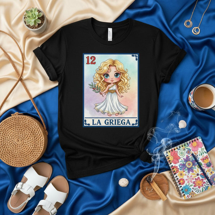 La Griega Loteria Card Shirt, Cute Greek Goddess T-Shirt, Mythology Gift, Women's Greek Culture Tee, Number 12 Card, Unisex Black Graphic Top