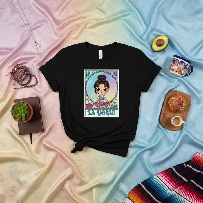 LA YOGUI La Loteria Card T-Shirt Cute Yogi Girl Meditating Shirt Mexican Bingo Style Yoga Gift for Women Aesthetic Rainbow Art Unisex Tee