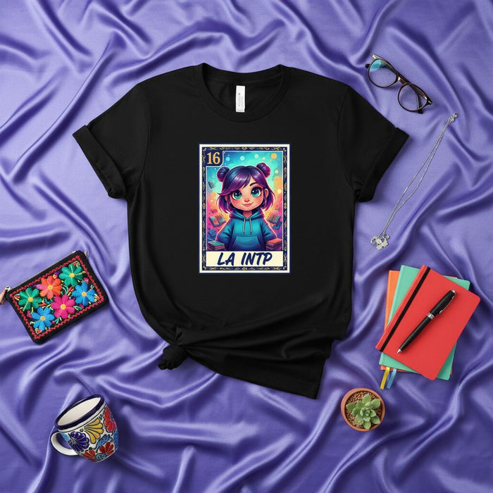 LA INTP Lotería Card Unisex T-Shirt - Cute Cartoon Girl Character Graphic Tee, Mexican Bingo Inspired Design, Personality Type Gift Idea