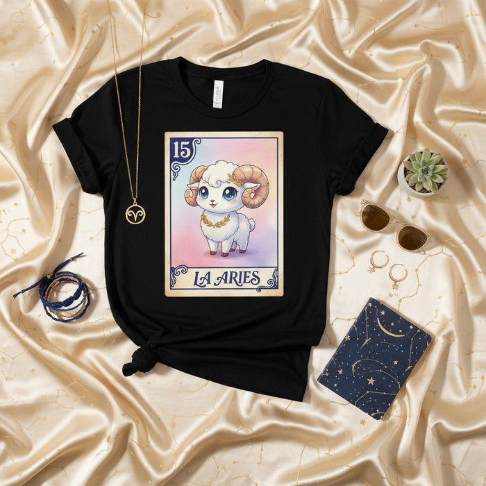 La camiseta de carta de Lotería del Zodíaco Aries, lindo carnero, camiseta gráfica de oveja Kawaii, regalo de cumpleaños de astrología para él o ella, camisa estilo Bingo número 15