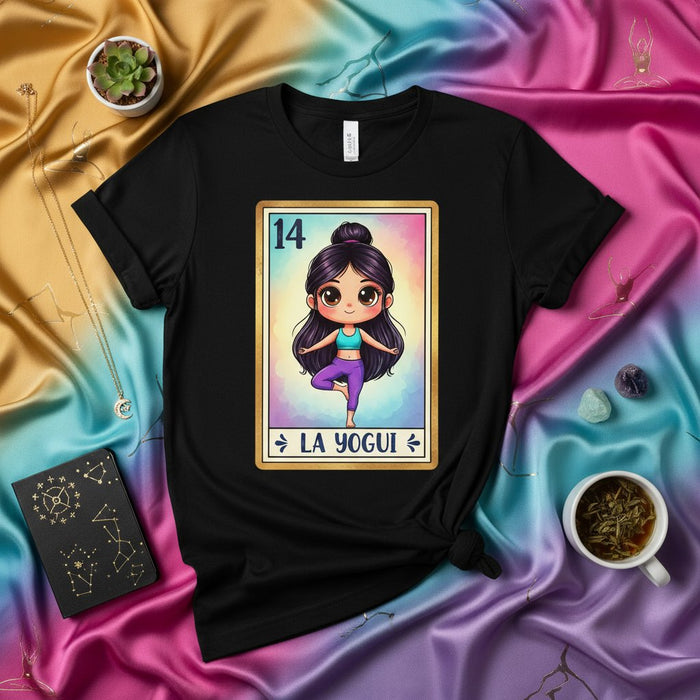 LA YOGUI Cute Chibi Yoga Pose Latina Loteria Card 14 Graphic Unisex T-Shirt, Meditation Exercise Wellness Apparel Gift