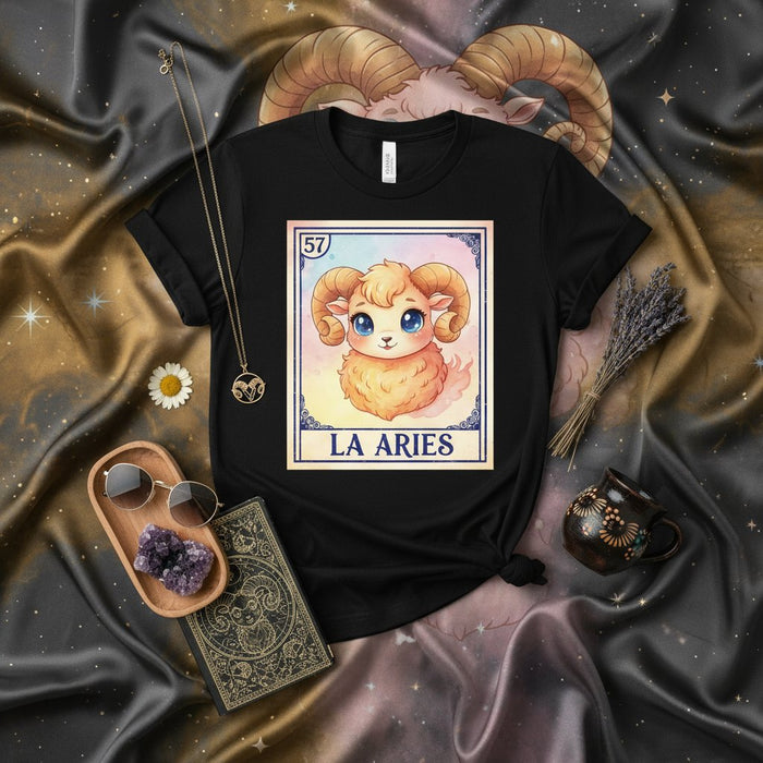 LA ARIES Cute Ram Sheep Loteria Card T-Shirt, Unisex Graphic Tee, Kawaii Zodiac Sign Shirt, Mexican Bingo Inspired Game Night Apparel Gift, Pastel Fantasy Astrology Aesthetic Clothing