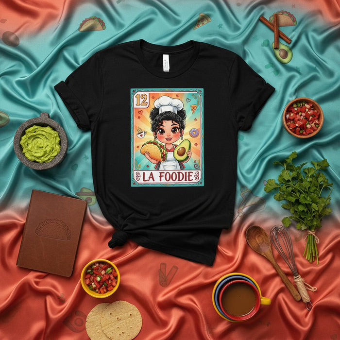 LA FOODIE Mexican Loteria Card T-Shirt, Cute Chef with Taco and Avocado Graphic Tee, Unisex Food Lover Gift Shirt, Cooking Game Illustration Print, Number 12