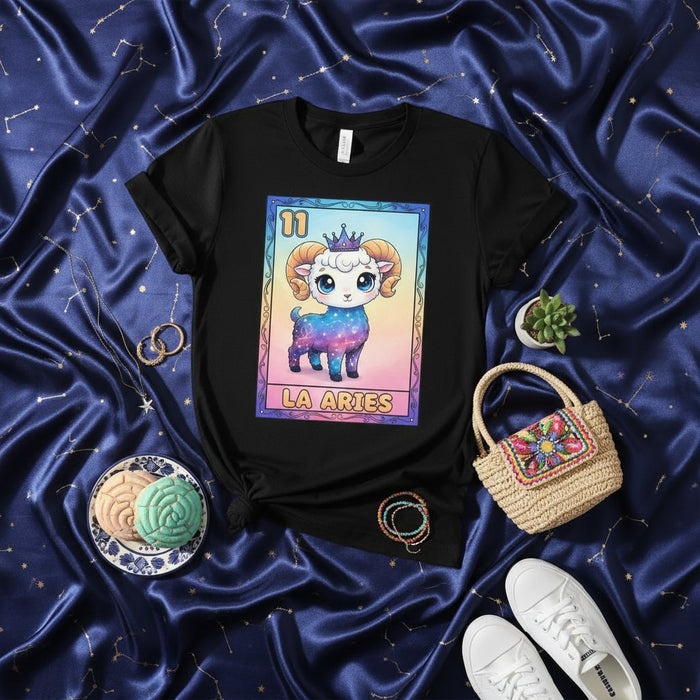 LA ARIES Cute Galaxy Sheep La Loteria Card T-Shirt Unisex Zodiac Sign Tee Astrological Ram Graphic Apparel