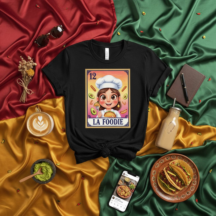 LA FOODIE Unisex T-Shirt - Cute Chef Loteria Card Design, Food Lover Graphic Tee, Mexican Bingo Inspired Shirt with Avocados and Tacos, Number 12