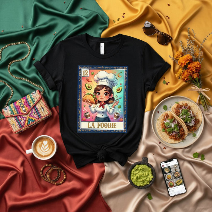 LA FOODIE Mexican Loteria Card T-Shirt, Female Chef Holding Taco & Avocado Design, Unisex Food Lover Graphic Tee Shirt Gift Idea