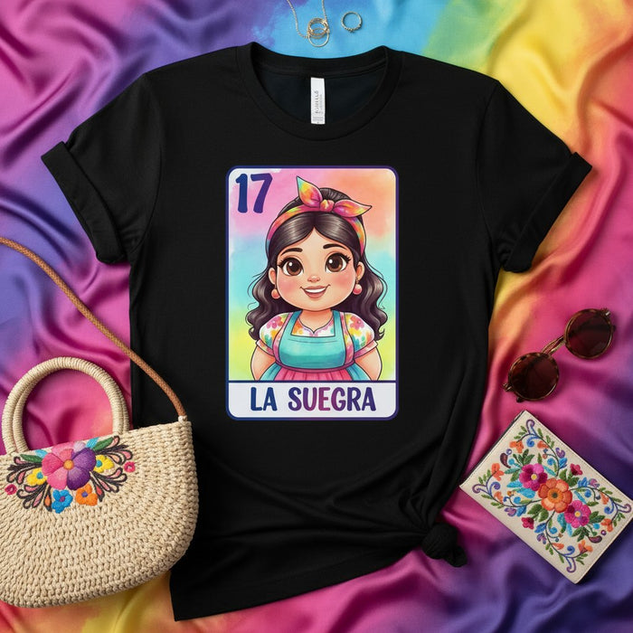 La Suegra Camiseta Lotería: Número 17 Bingo Mexicano Estilo Gráfico para Mujer, Regalo para Suegra, Ropa Inspirada en Juego Cultural, Camiseta Unisex Diseño Vibrante Arcoíris