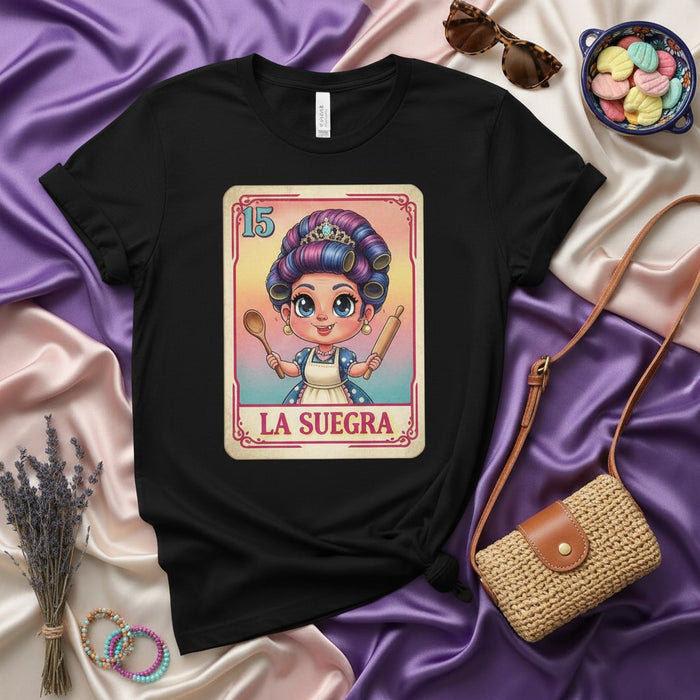 LA SUEGRA Cute Cartoon Loteria Card T-Shirt, Funny Mother-in-Law Graphic Tee, Mexican Bingo Game Inspired Unisex Shirt, Retro Style Latina Queen T-Shirt for Women Men, Number 15 Card Art Apparel Gift