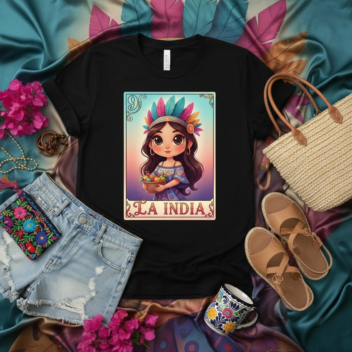 La India Camiseta Carta de Lotería, Diseño Tradicional de Bingo Mexicano, Linda Chica de Dibujos Animados con Tocado, Gráfico Cultural Colorido, Top Unisex