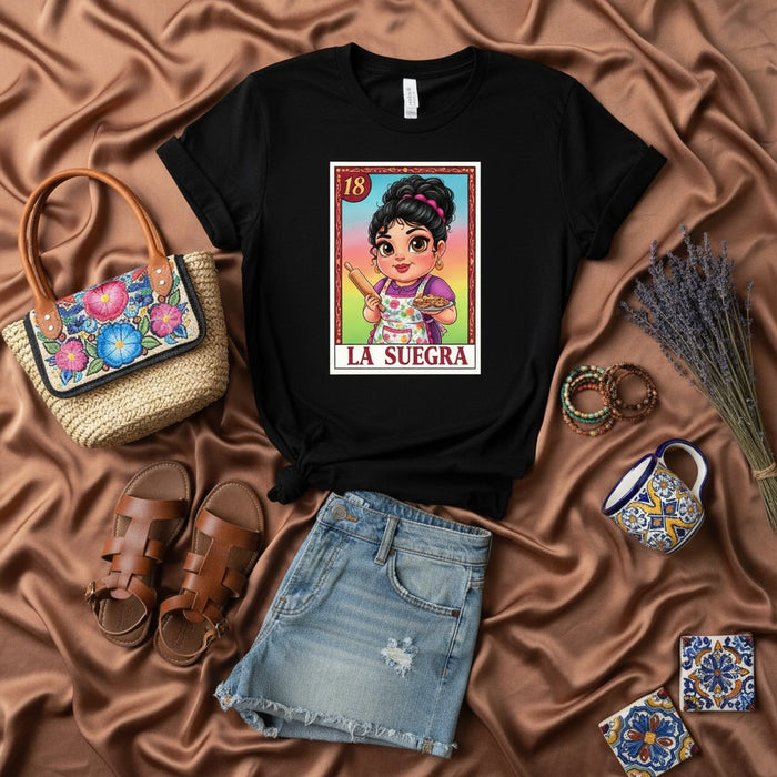 La Suegra Tarjeta Lotería Mexicana Camiseta Gráfico Divertida Abuela Española Regalo Cocina Mamá Suegra Lindo Chibi Arte Camiseta Negra Unisex