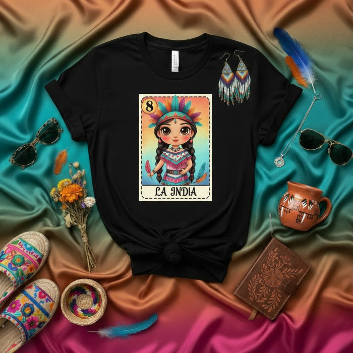 La India Camiseta Lotería, Diseño Niña Indígena, Estilo Bingo Mexicano, Estampado Gráfico Kawaii, Camisa Unisex Inspirada Nativo Americano, Regalo Ropa Arte Folklórico, Carta Número 8, Ropa Festival