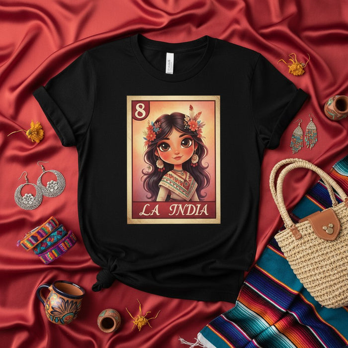 La India Lotería Camiseta, Arte de Juego de Bingo Mexicano, Camiseta Mujer Hermosa con Flores en el Cabello, Diseño Cultural Tradicional, Estilo Lindo de Dibujos Animados, Estampado Carta Número 8