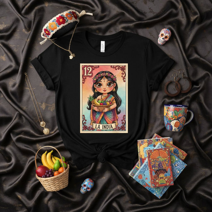 La India Lotería Mexicana Camiseta, Mujer India con Frutas Gráfico, Ropa Arte Juego Tradicional, Regalo Unisex Amantes Bingo Español, Carta Número 12