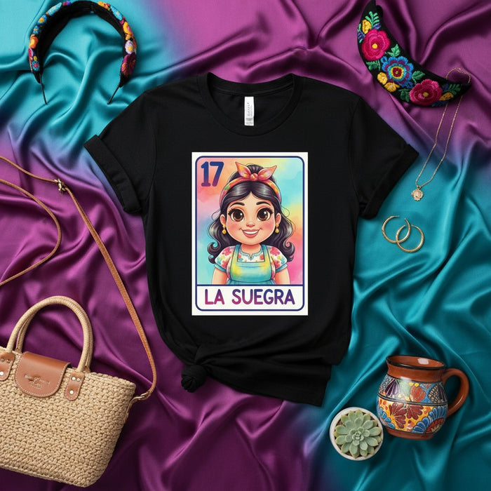 La Suegra Loteria Card T-Shirt: Number 17 Mexican Game Art Tee, Cute Cartoon Mother-in-Law Graphic Top, Unisex Viva Mexico Latina Apparel Gift Idea