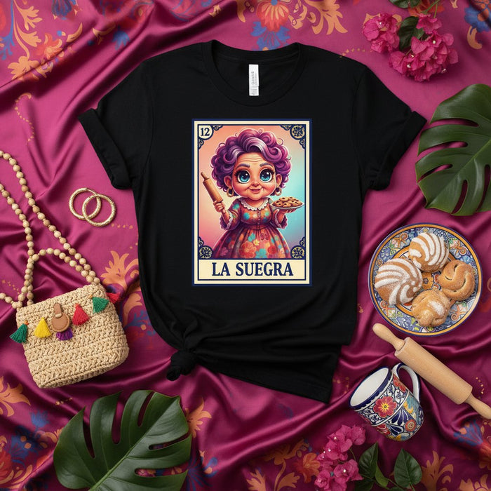 La Suegra Tarjeta Lotería Mexicana Camiseta Gráfica | Abuela Madre Suegra Regalo Cultura Latina | Divertida Camiseta de Bingo Español | Ropa Unisex Mujer